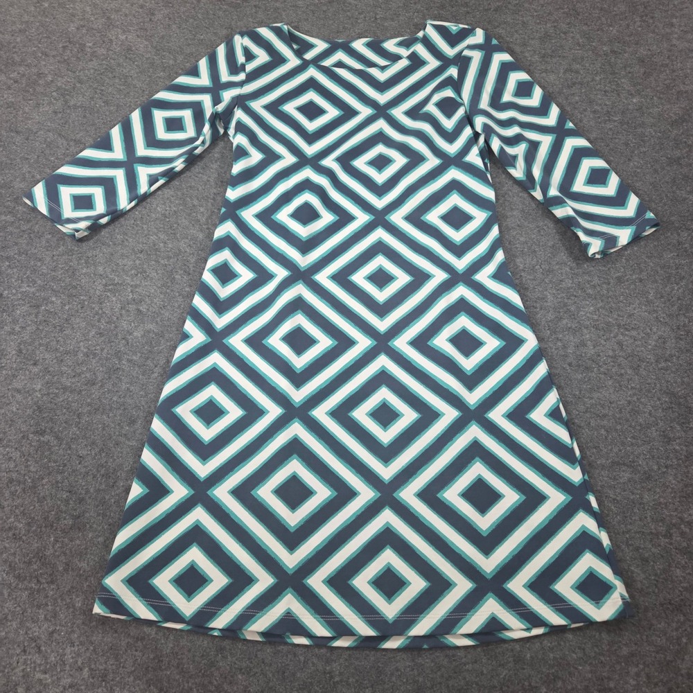 Mahi Gold Dress S Teal Blue Geometric Diamond Print Boatneck A-Line Bimini